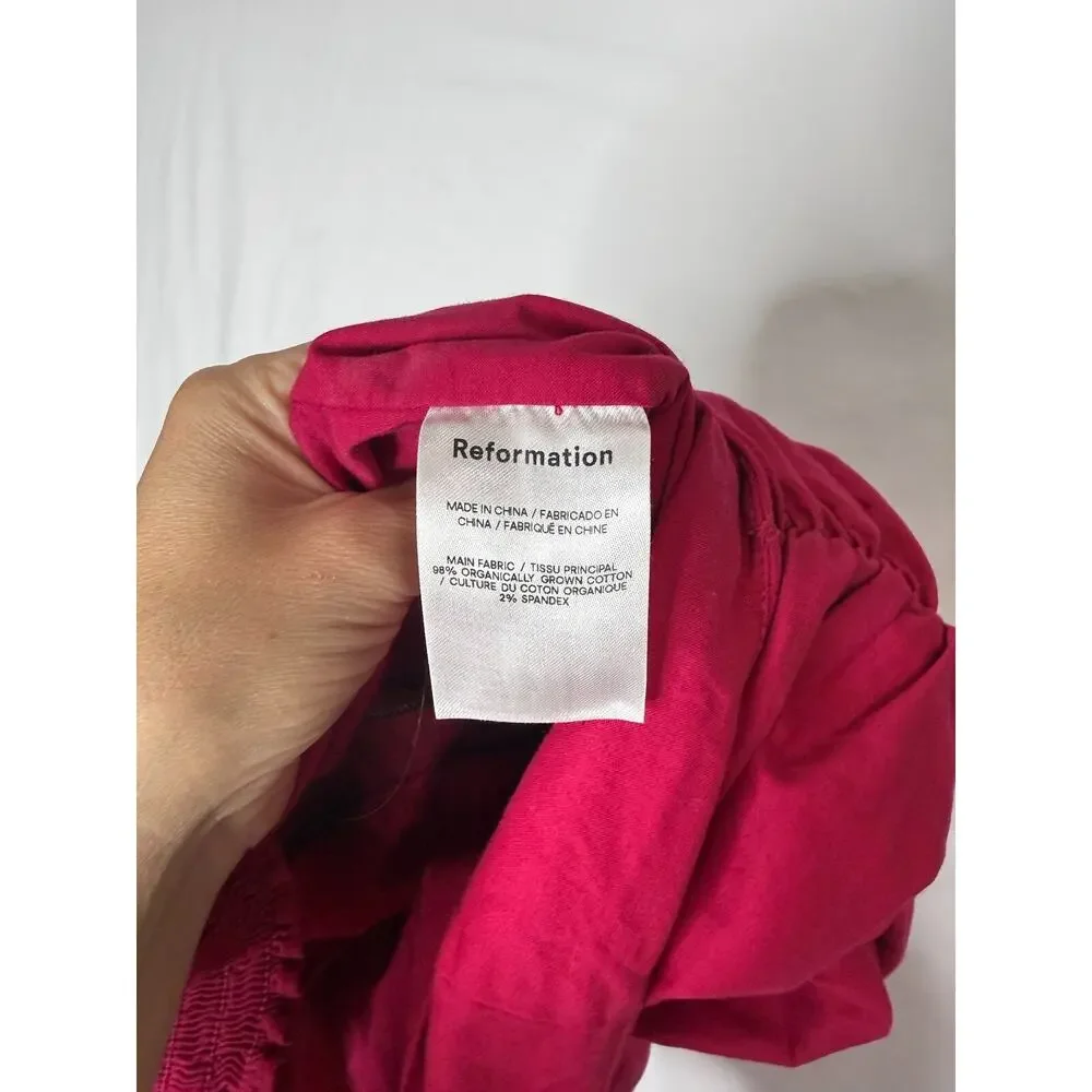 Reformation Women's 4 Magenta Puff Sleeve Ruched Top Sweetheart Smocked Cotton